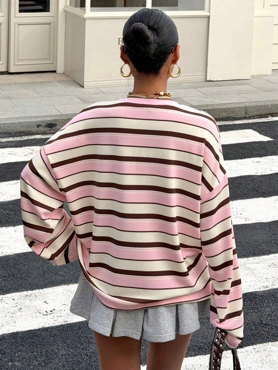 Women's Striped Oversized Pullover Sweatshirt – Round Neck Long Sleeve Top