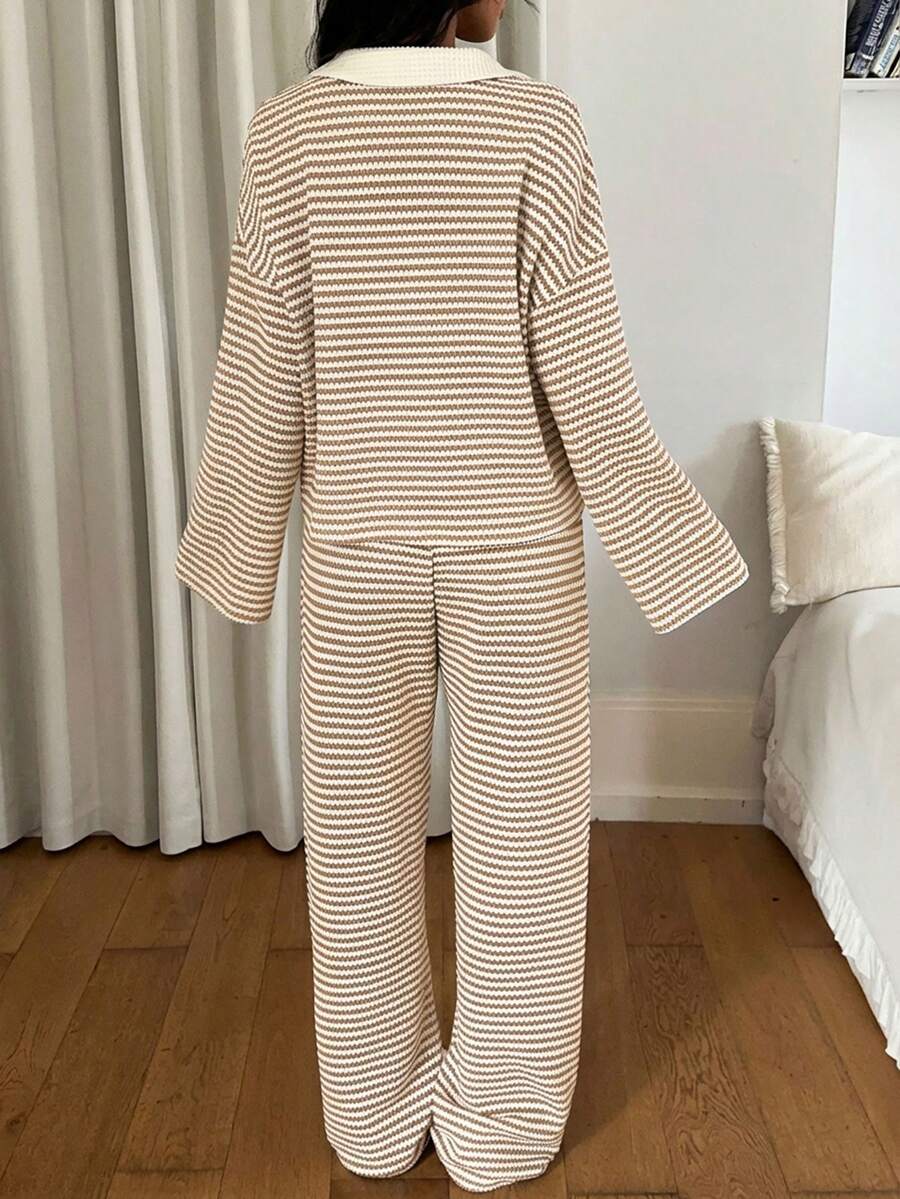 Women's Striped Wide Leg Pants Set – Long Sleeve Polo Crop Top & Trousers