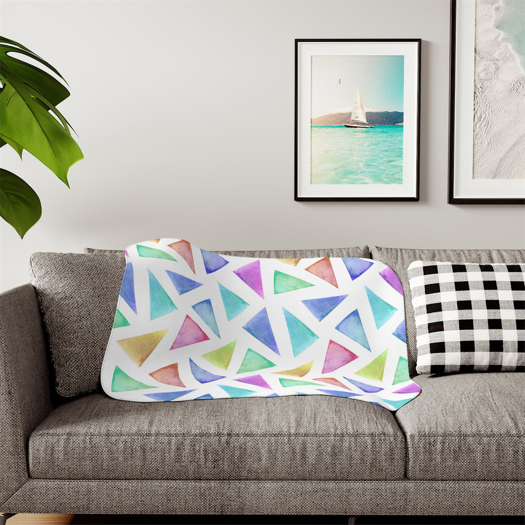 Colorful Watercolor Triangle Sherpa Blanket — Cozy Reversible Throw