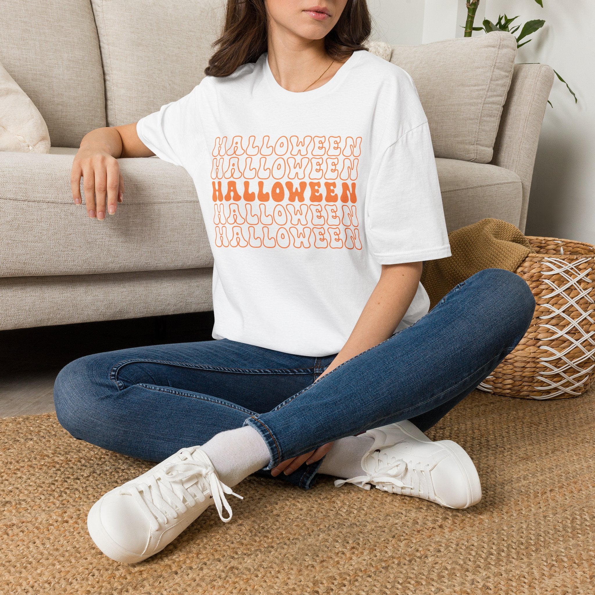 Halloween Repeat Graphic T-Shirt — Retro Orange 'HALLOWEEN' Print