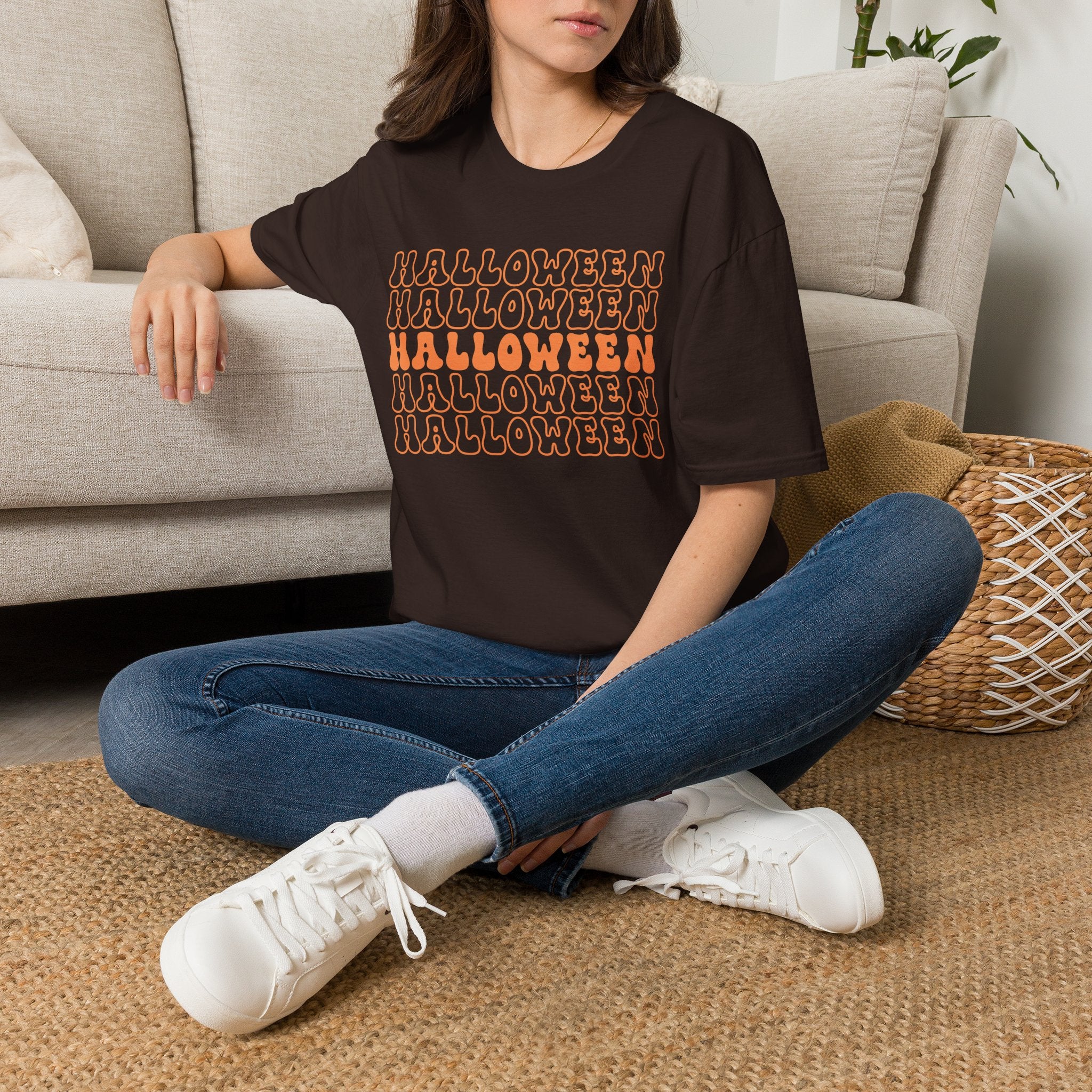 Halloween Repeat Graphic T-Shirt — Retro Orange 'HALLOWEEN' Print