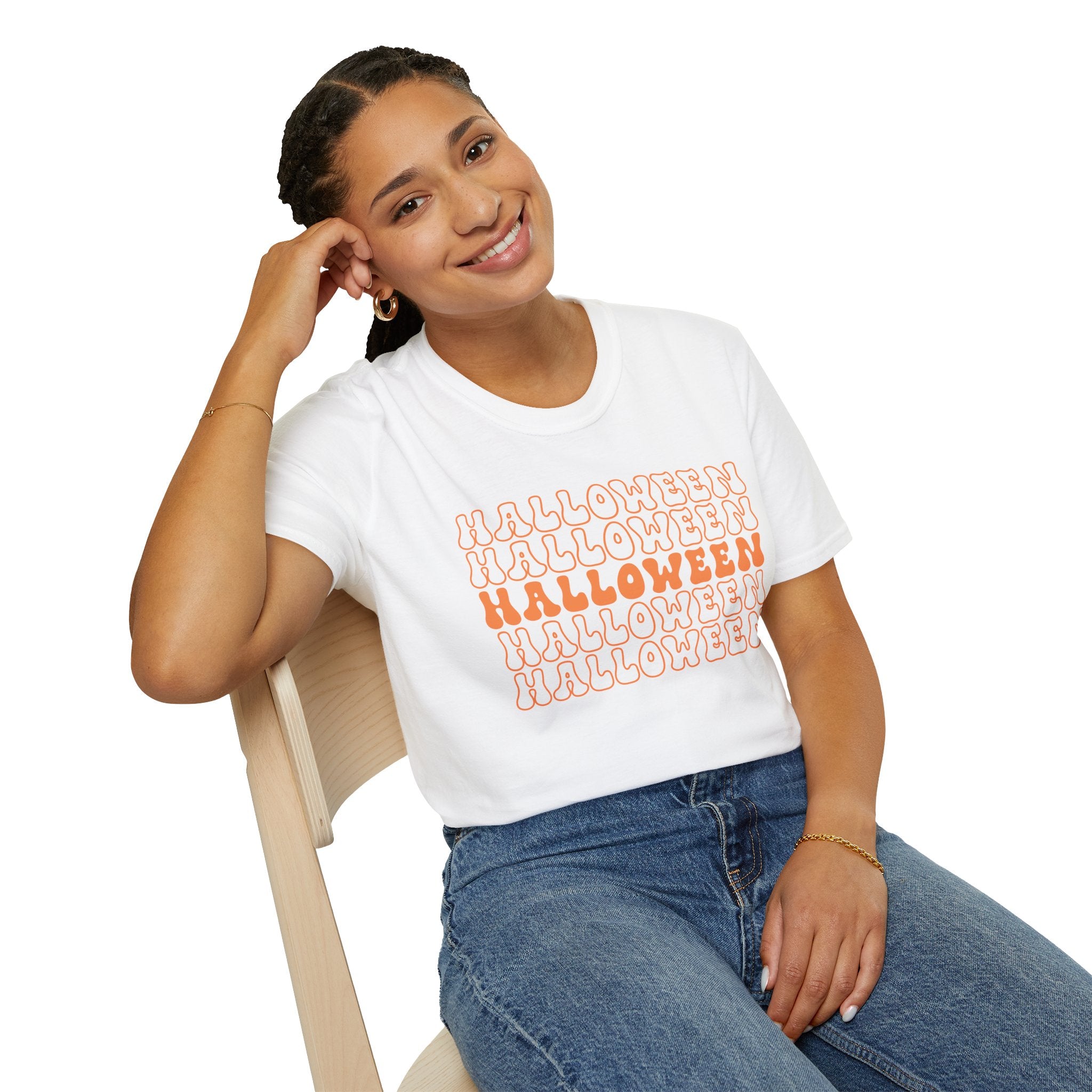 Halloween Repeat Graphic T-Shirt — Retro Orange 'HALLOWEEN' Print