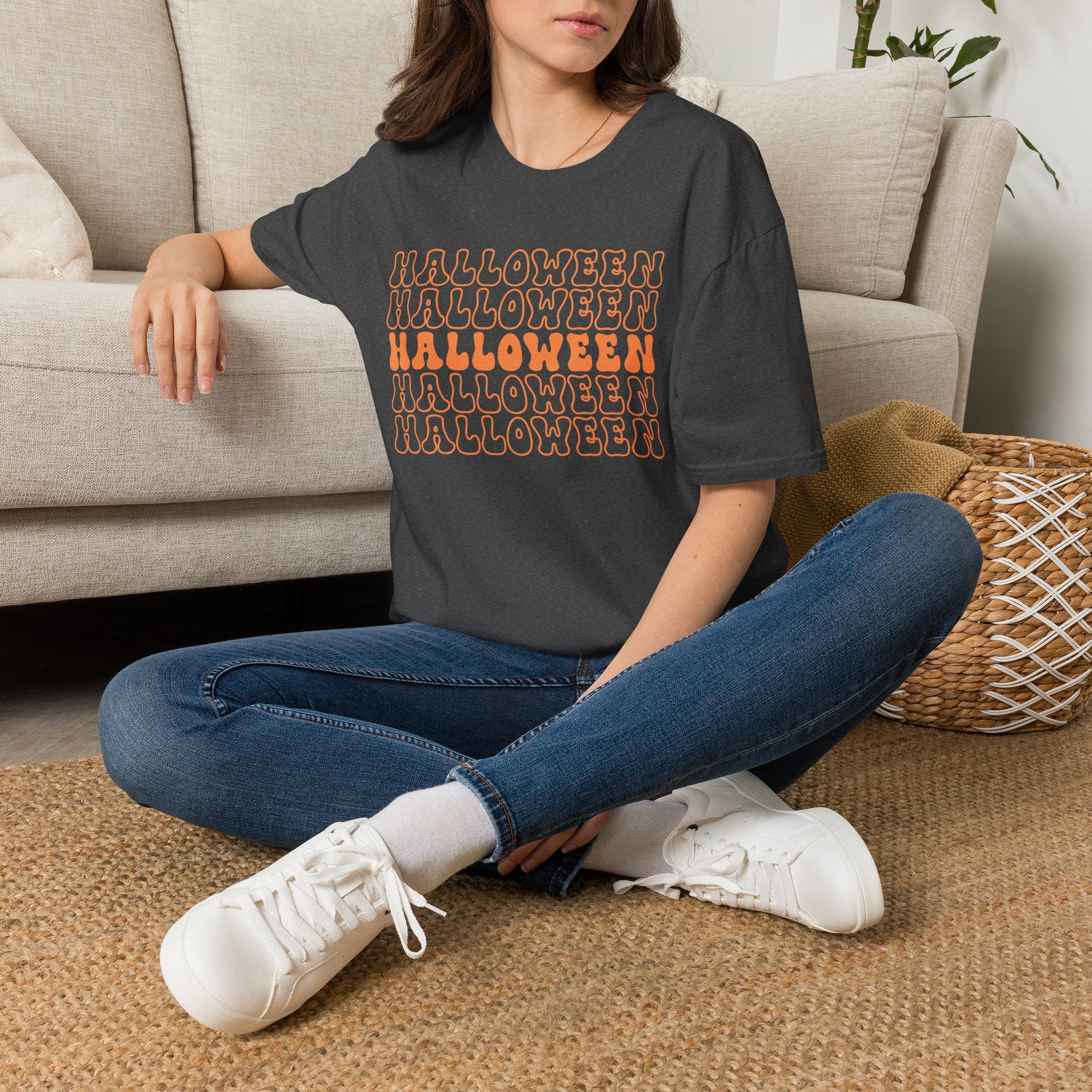 Halloween Repeat Graphic T-Shirt — Retro Orange 'HALLOWEEN' Print