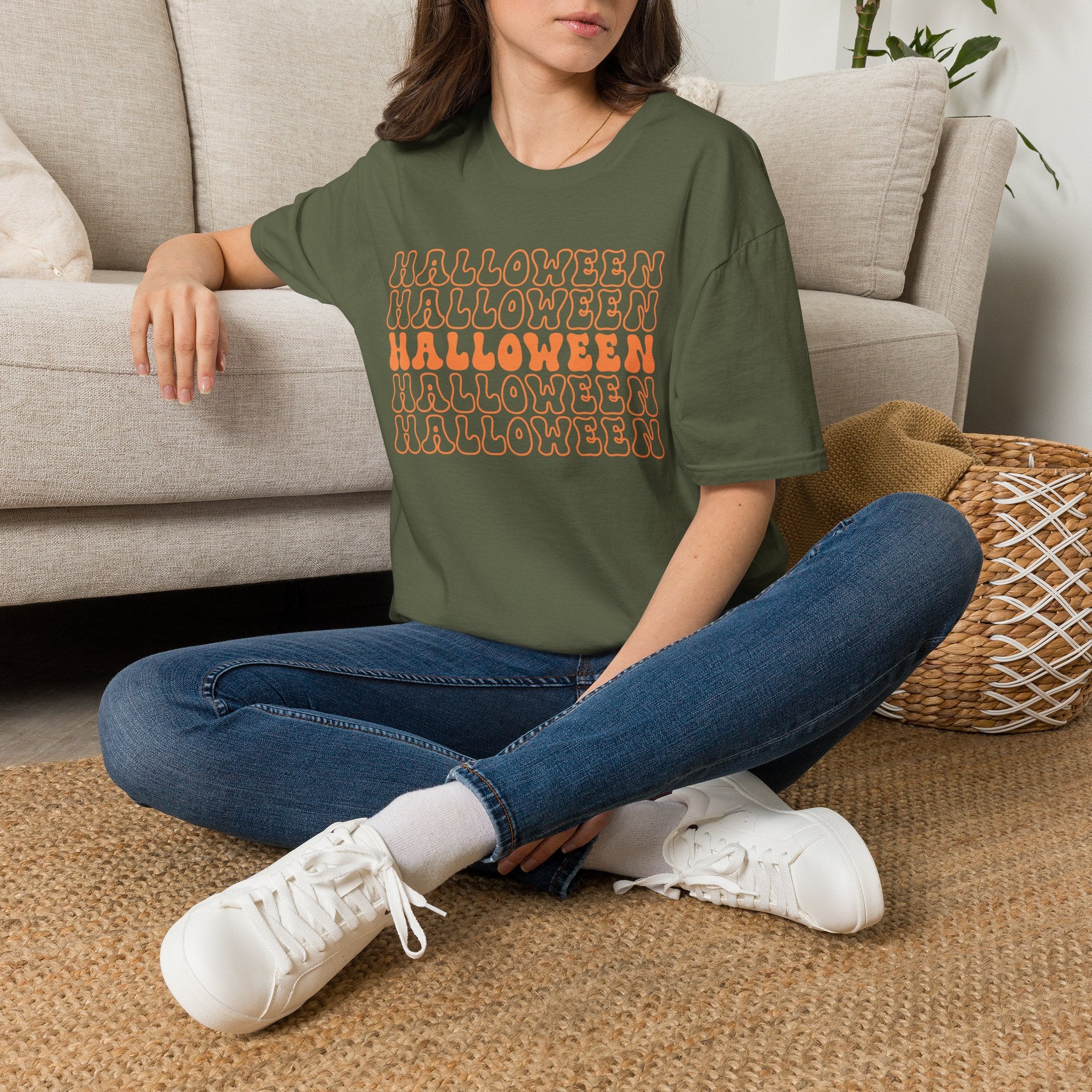 Halloween Repeat Graphic T-Shirt — Retro Orange 'HALLOWEEN' Print