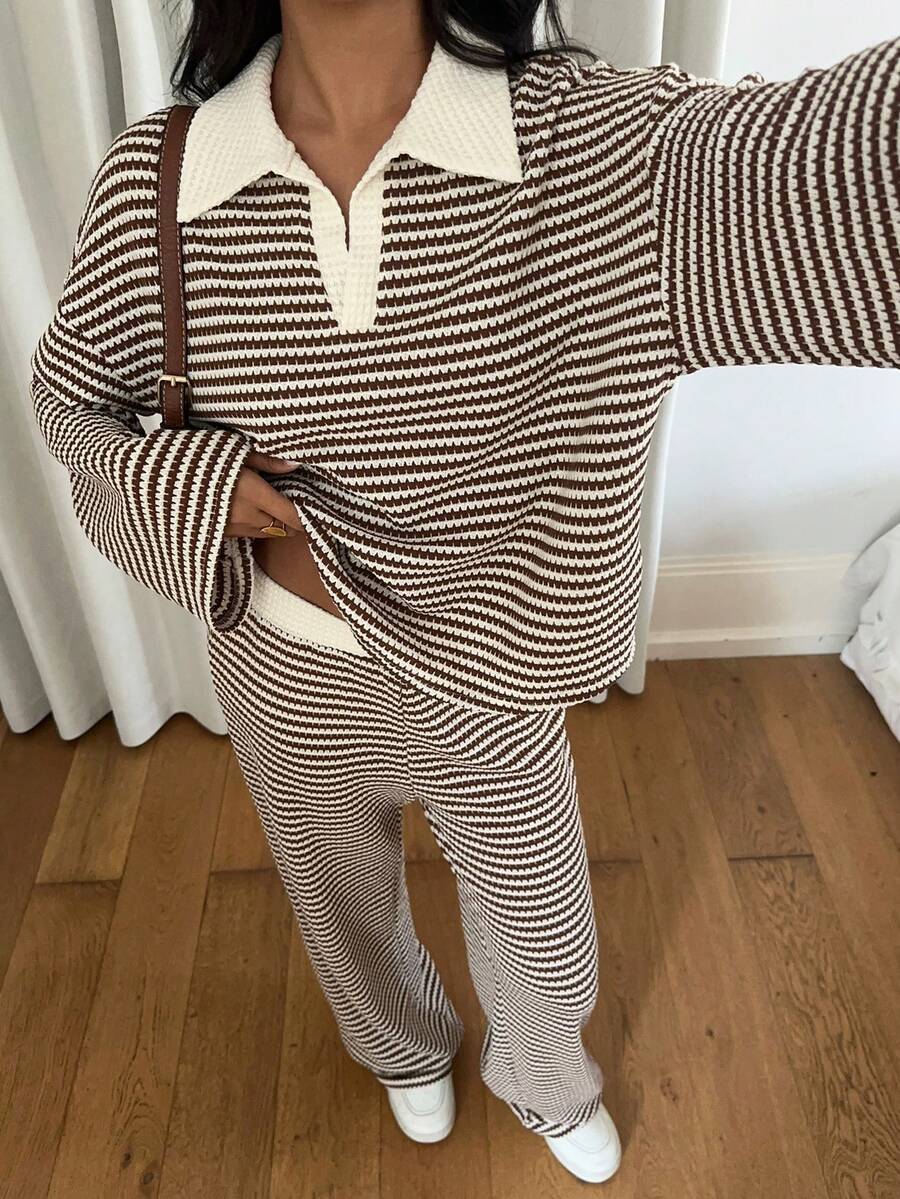 Women's Striped Wide Leg Pants Set – Long Sleeve Polo Crop Top & Trousers