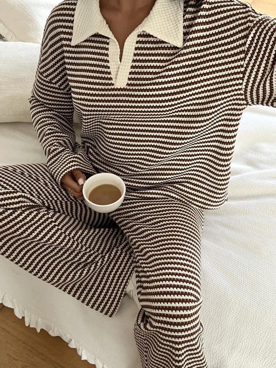 Women's Striped Wide Leg Pants Set – Long Sleeve Polo Crop Top & Trousers