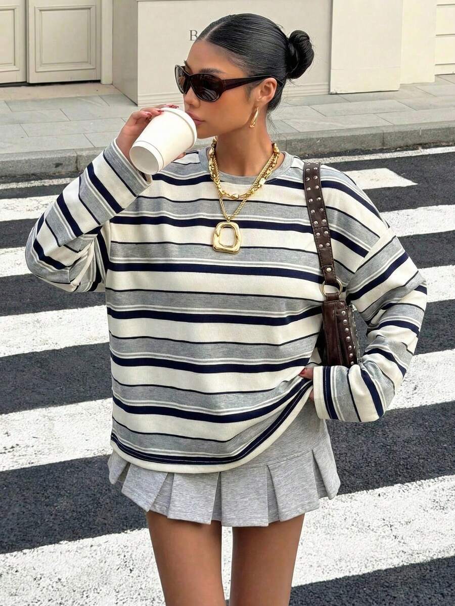 Women's Striped Oversized Pullover Sweatshirt – Round Neck Long Sleeve Top