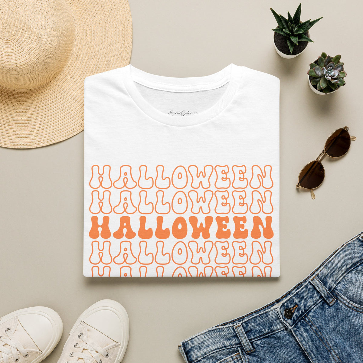 Halloween Repeat Graphic T-Shirt — Retro Orange 'HALLOWEEN' Print