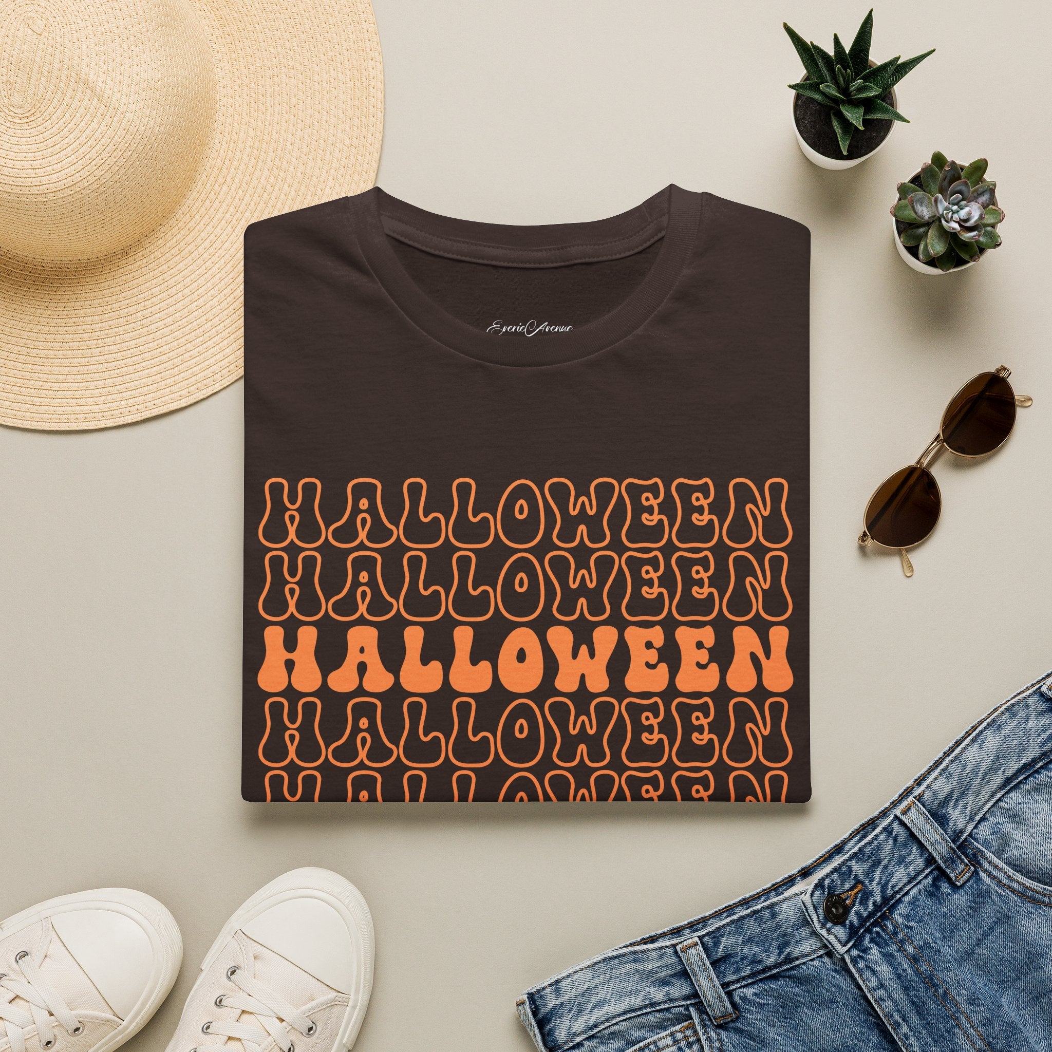 Halloween Repeat Graphic T-Shirt — Retro Orange 'HALLOWEEN' Print