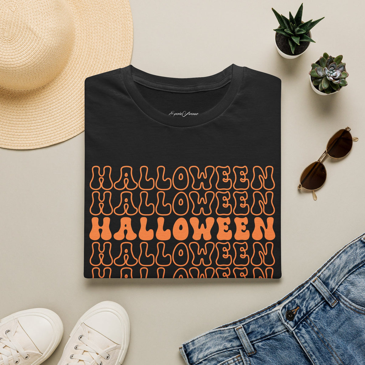 Halloween Repeat Graphic T-Shirt — Retro Orange 'HALLOWEEN' Print