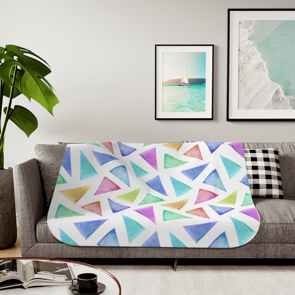 Colorful Watercolor Triangle Sherpa Blanket — Cozy Reversible Throw