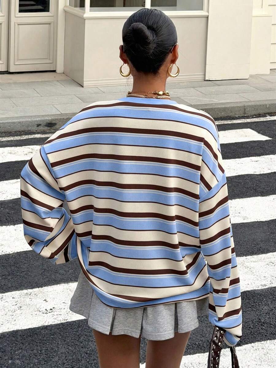 Women's Striped Oversized Pullover Sweatshirt – Round Neck Long Sleeve Top