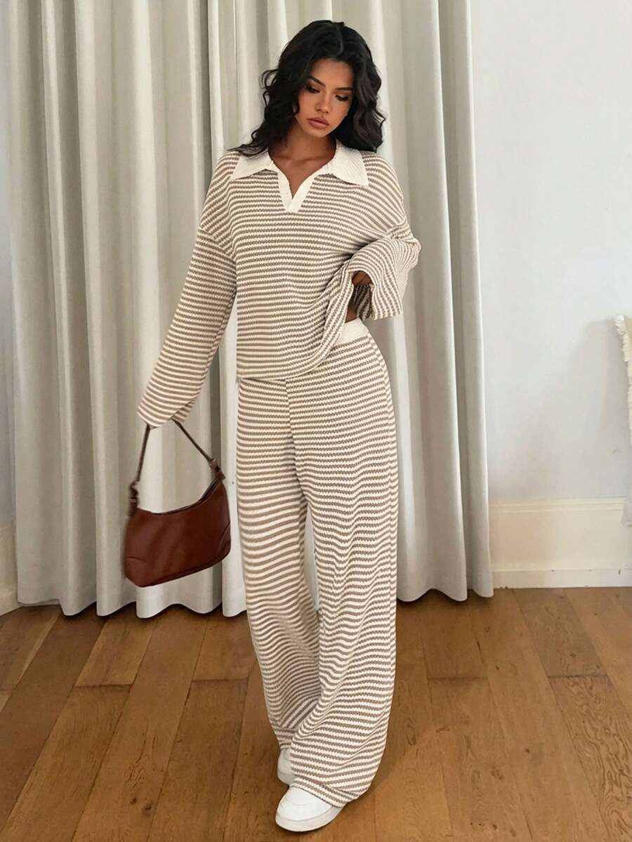 Women's Striped Wide Leg Pants Set – Long Sleeve Polo Crop Top & Trousers