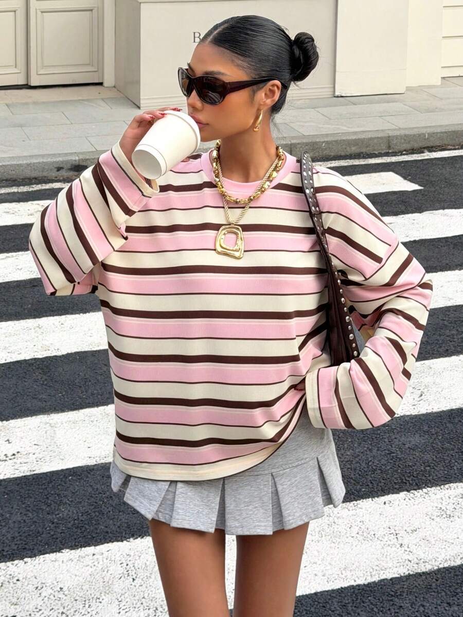 Women's Striped Oversized Pullover Sweatshirt – Round Neck Long Sleeve Top