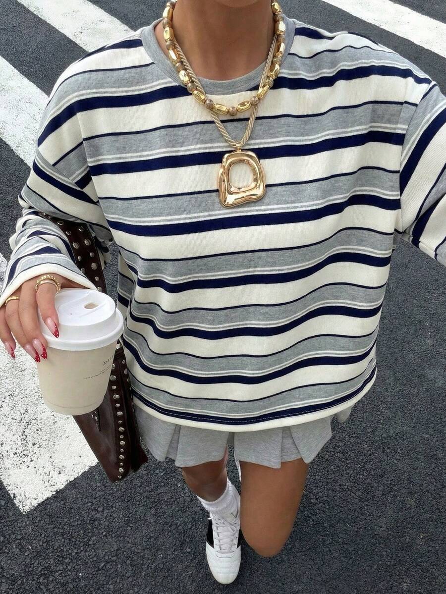 Women's Striped Oversized Pullover Sweatshirt – Round Neck Long Sleeve Top