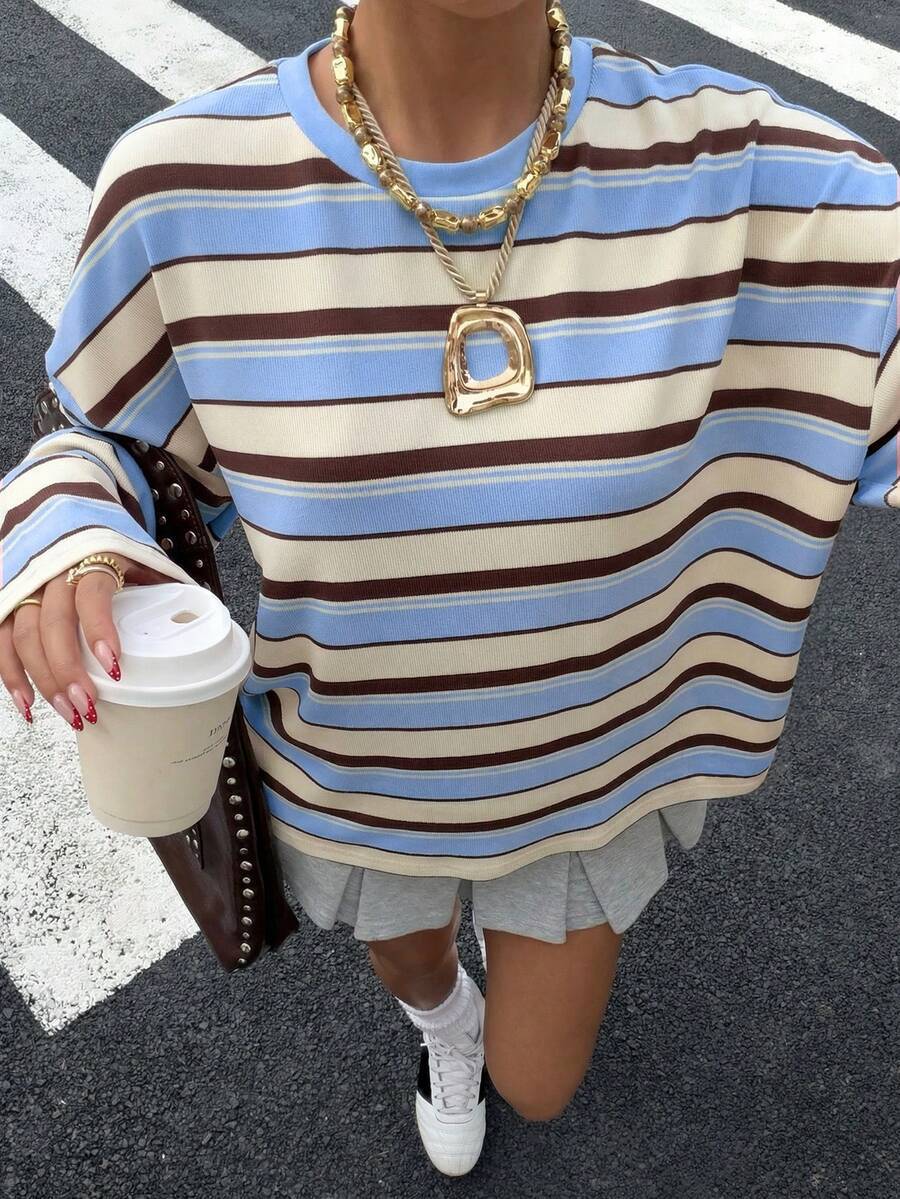 Women's Striped Oversized Pullover Sweatshirt – Round Neck Long Sleeve Top