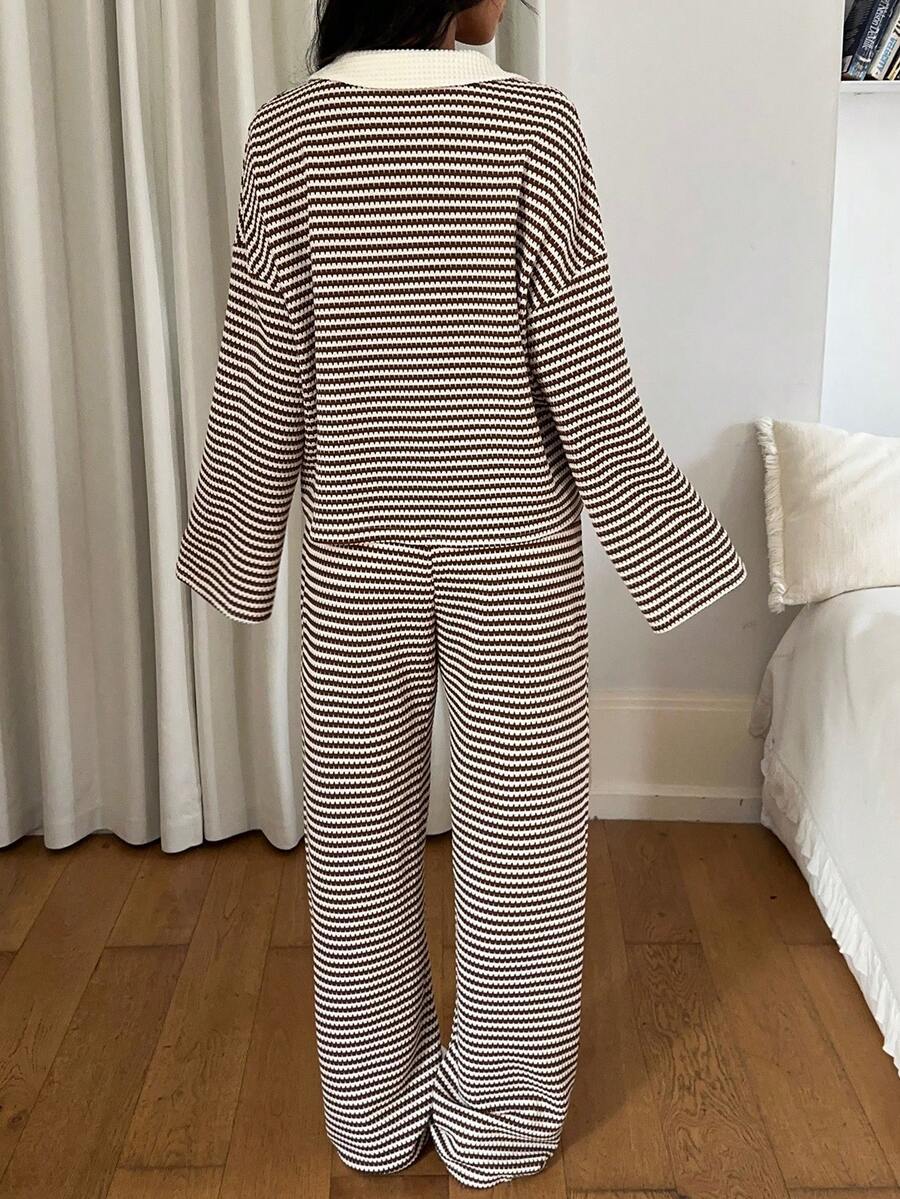 Women's Striped Wide Leg Pants Set – Long Sleeve Polo Crop Top & Trousers