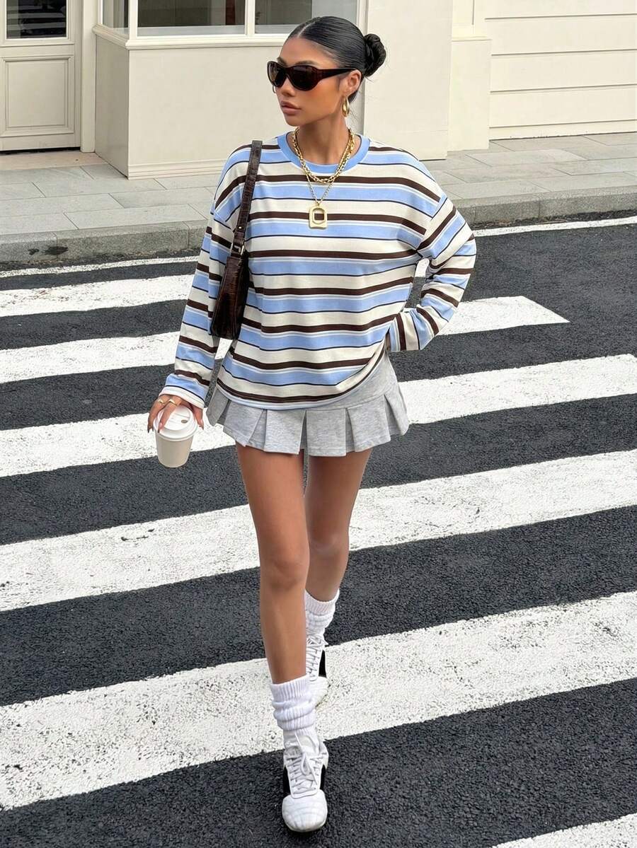 Women's Striped Oversized Pullover Sweatshirt – Round Neck Long Sleeve Top