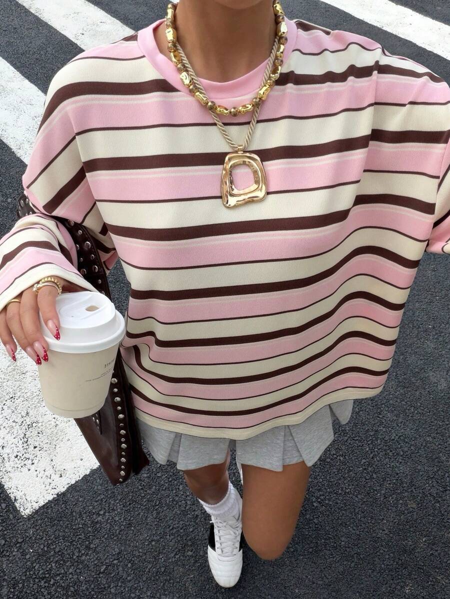 Women's Striped Oversized Pullover Sweatshirt – Round Neck Long Sleeve Top