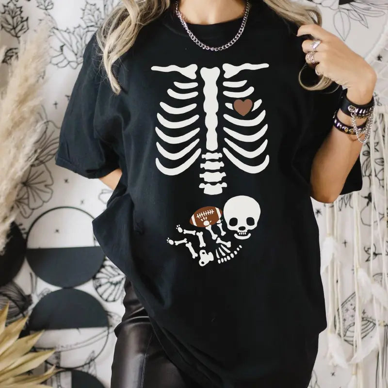 Football Pregnancy Shirt – Pregnant Skeleton Halloween Maternity Tee