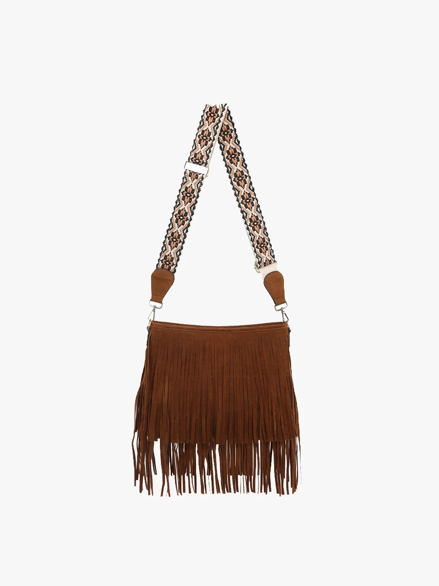 Sadie Dark Brown Suede Fringe Crossbody w/ Guitar Strap Purse
